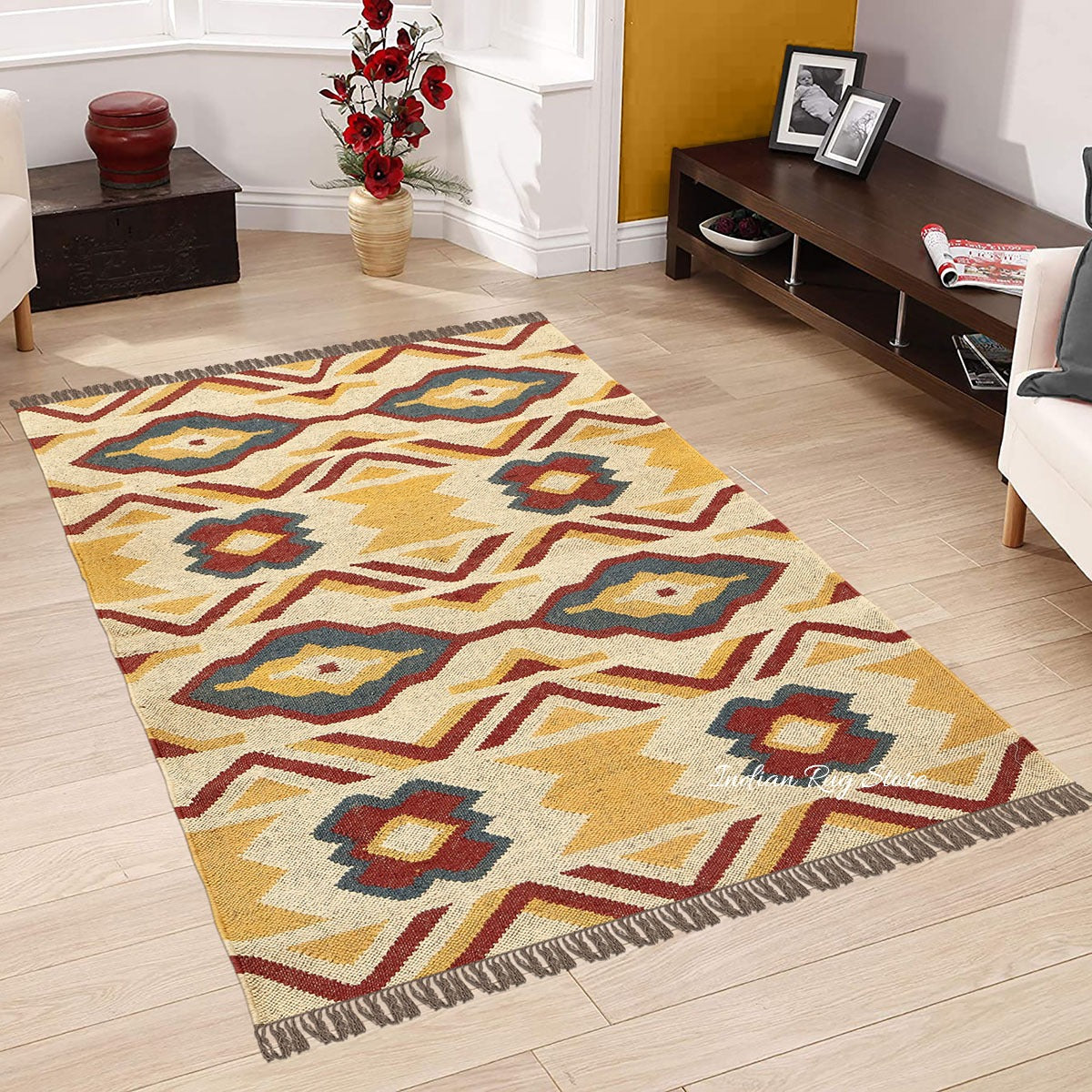 Hand Woven Geometric Yellow Multicolor Farm House Decor Wool Jute Rug