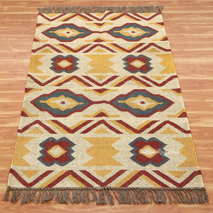 Hand Woven Geometric Yellow Multicolor Farm House Decor Wool Jute Rug