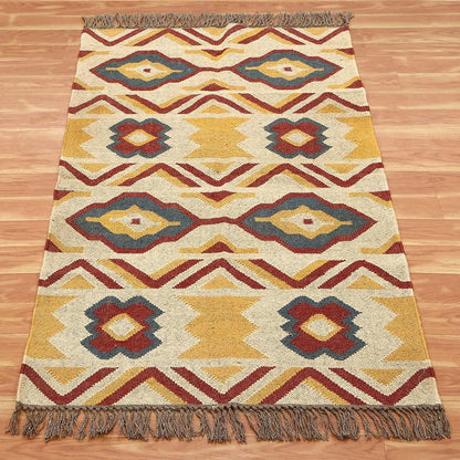 Hand Woven Geometric Yellow Multicolor Farm House Decor Wool Jute Rug - Indian Rug Store