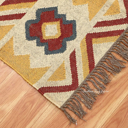 Hand Woven Geometric Yellow Multicolor Farm House Decor Wool Jute Rug