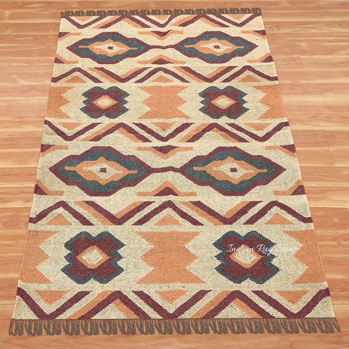 Orange Brown Hand Woven Geometric Bedroom Decor Wool Jute Rug