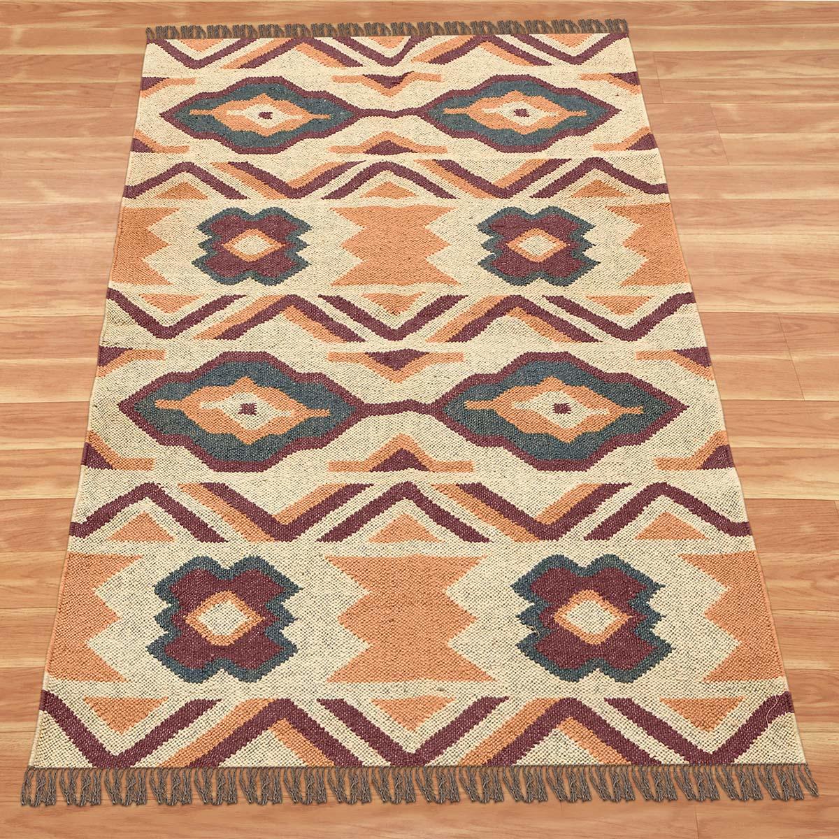 Orange Brown Hand Woven Geometric Bedroom Decor Wool Jute Rug - Indian Rug Store