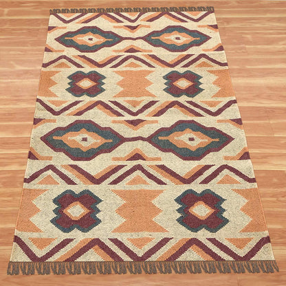 Orange Brown Hand Woven Geometric Bedroom Decor Wool Jute Rug - Indian Rug Store