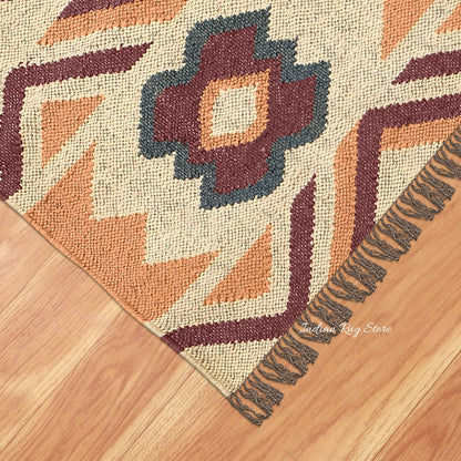 Orange Brown Hand Woven Geometric Bedroom Decor Wool Jute Rug