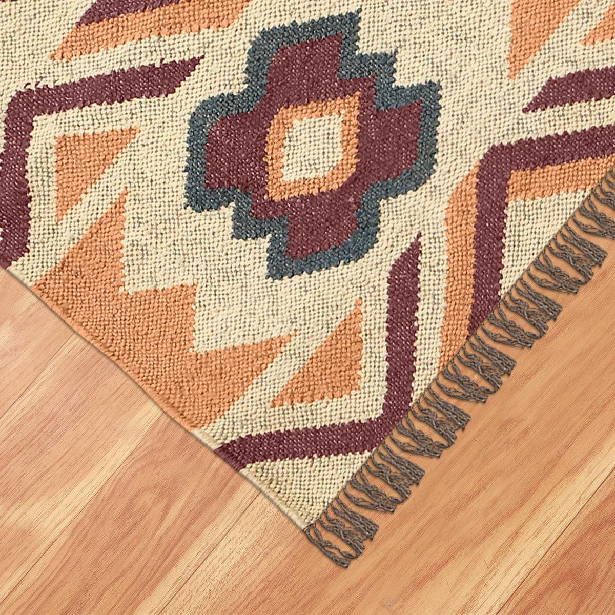 Orange Brown Hand Woven Geometric Bedroom Decor Wool Jute Rug - Indian Rug Store