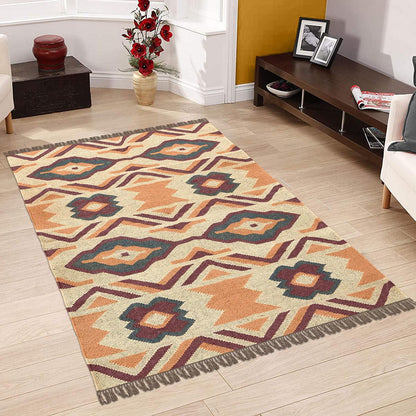 Orange Brown Hand Woven Geometric Bedroom Decor Wool Jute Rug - Indian Rug Store