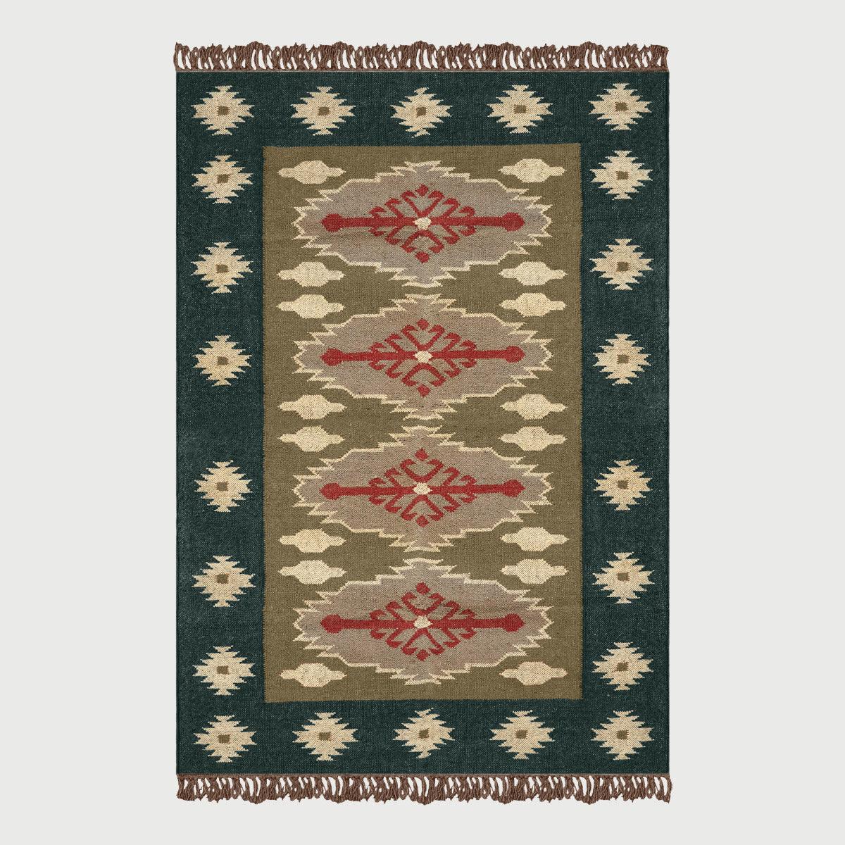 Green Brown Hand Woven Interior Geometric Wool Jute Rug - Indian Rug Store