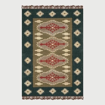 Green Brown Hand Woven Interior Geometric Wool Jute Rug - Indian Rug Store