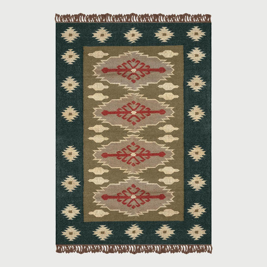 Green Brown Hand Woven Interior Geometric Wool Jute Rug - Indian Rug Store