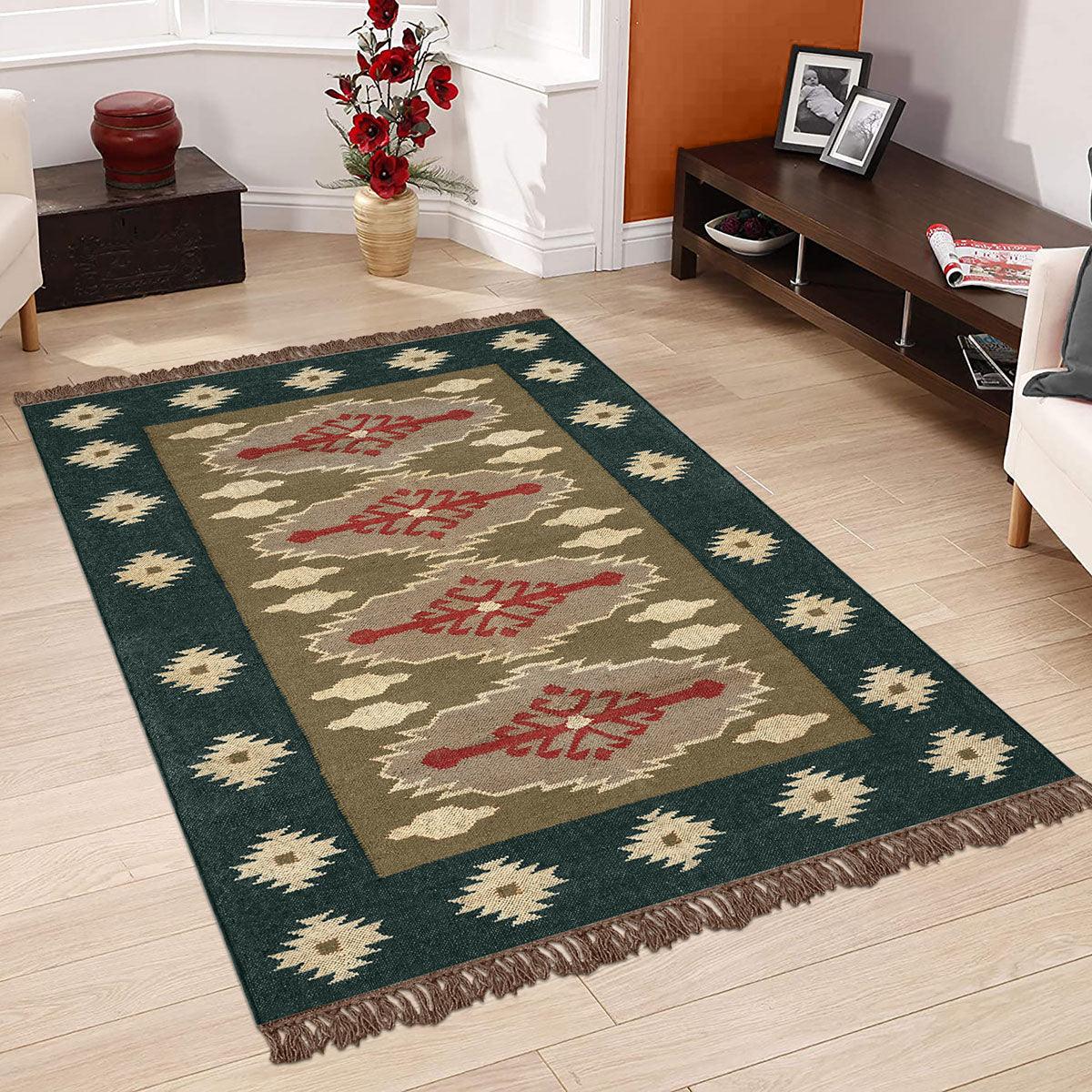 Green Brown Hand Woven Interior Geometric Wool Jute Rug - Indian Rug Store