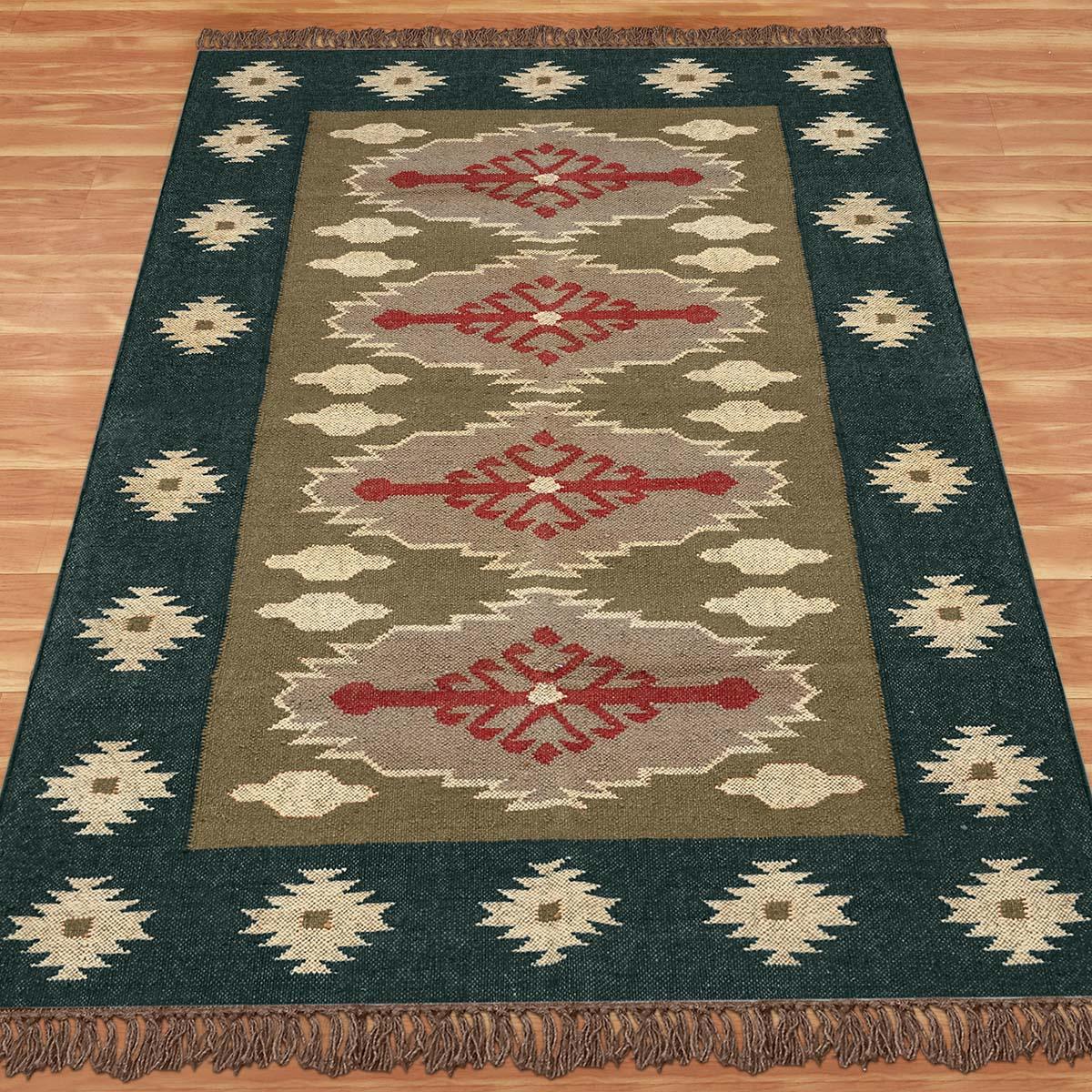 Green Brown Hand Woven Interior Geometric Wool Jute Rug - Indian Rug Store