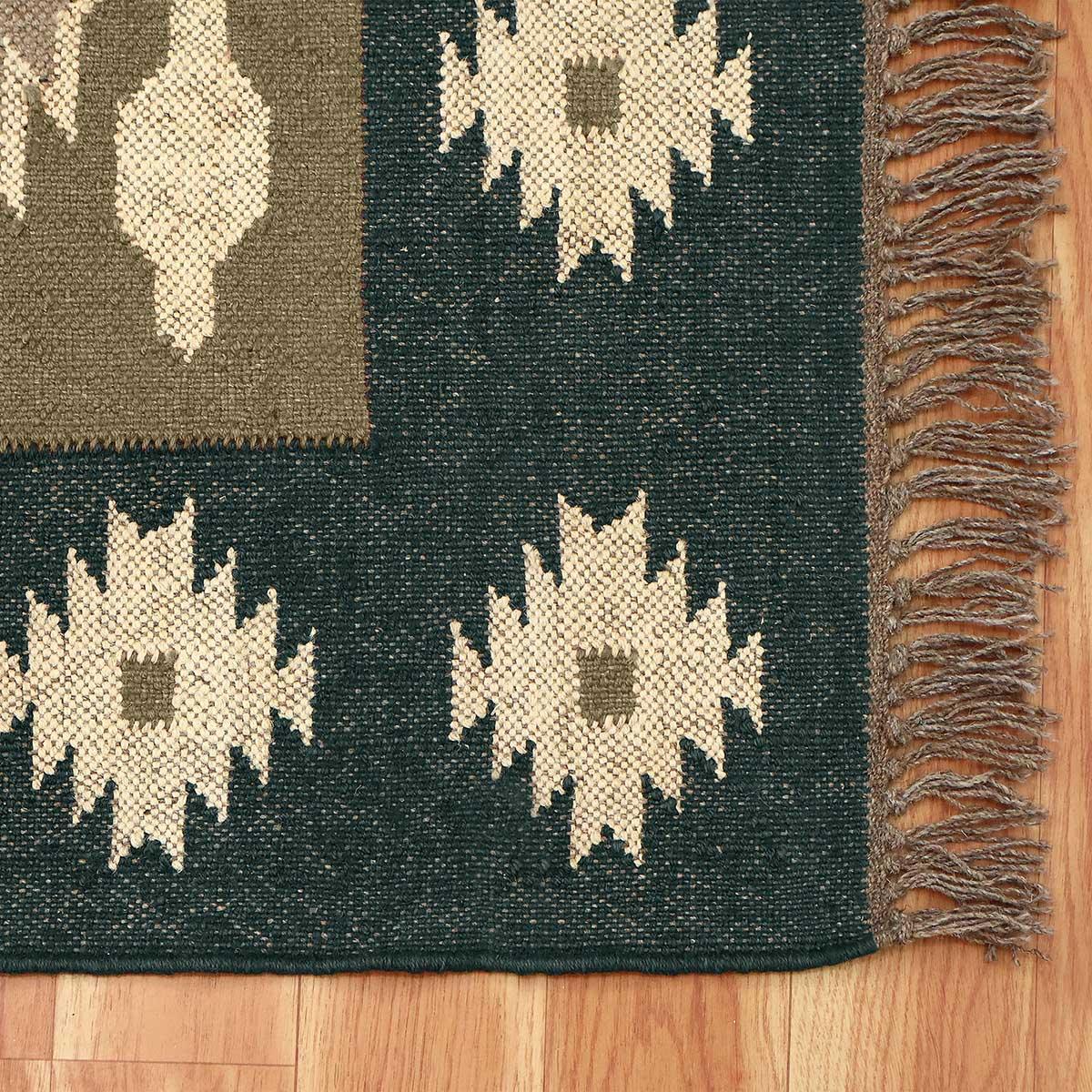 Green Brown Hand Woven Interior Geometric Wool Jute Rug - Indian Rug Store