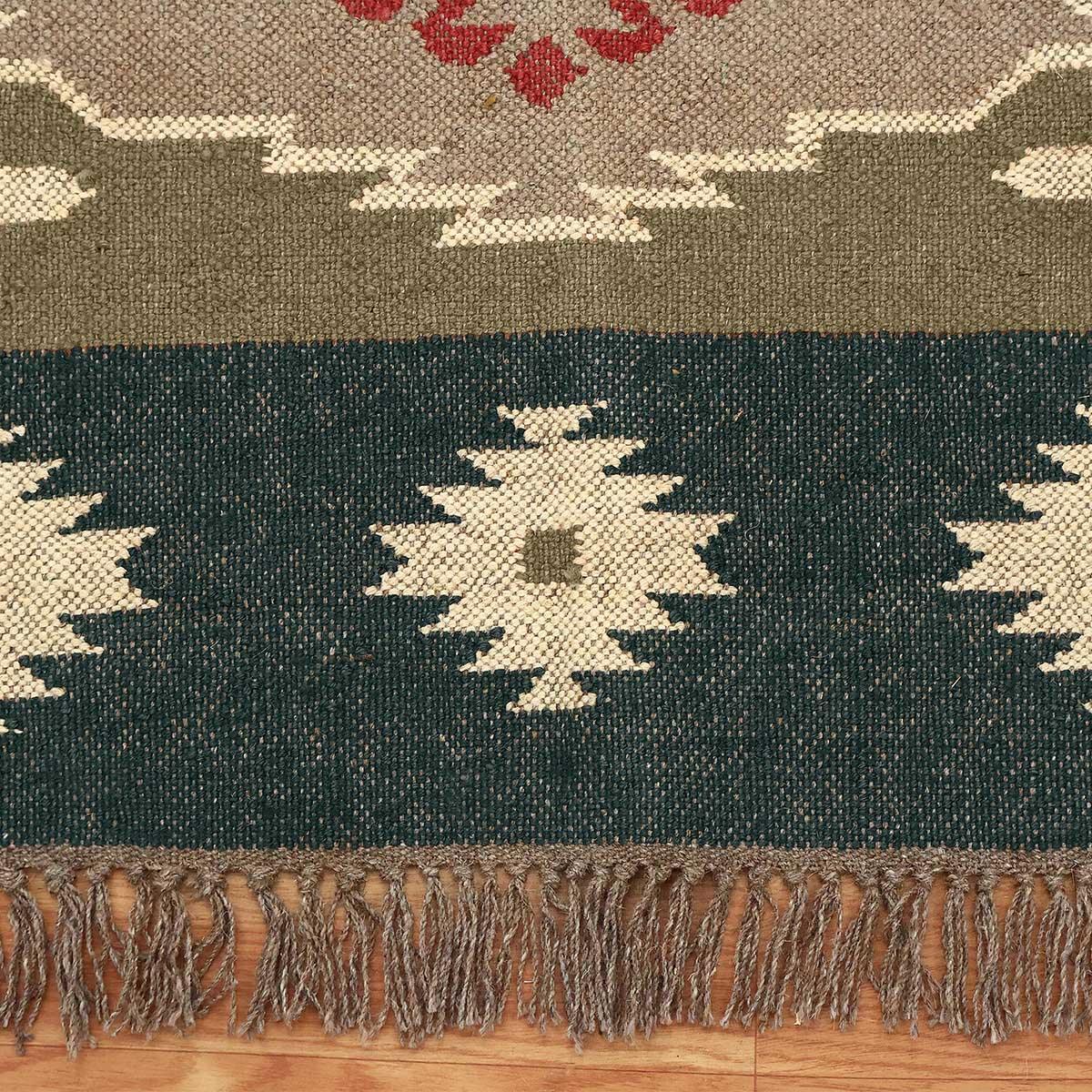 Green Brown Hand Woven Interior Geometric Wool Jute Rug - Indian Rug Store