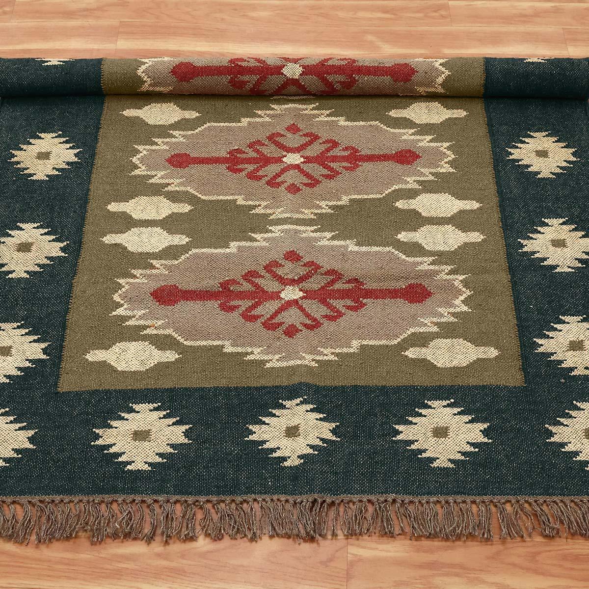 Green Brown Hand Woven Interior Geometric Wool Jute Rug - Indian Rug Store