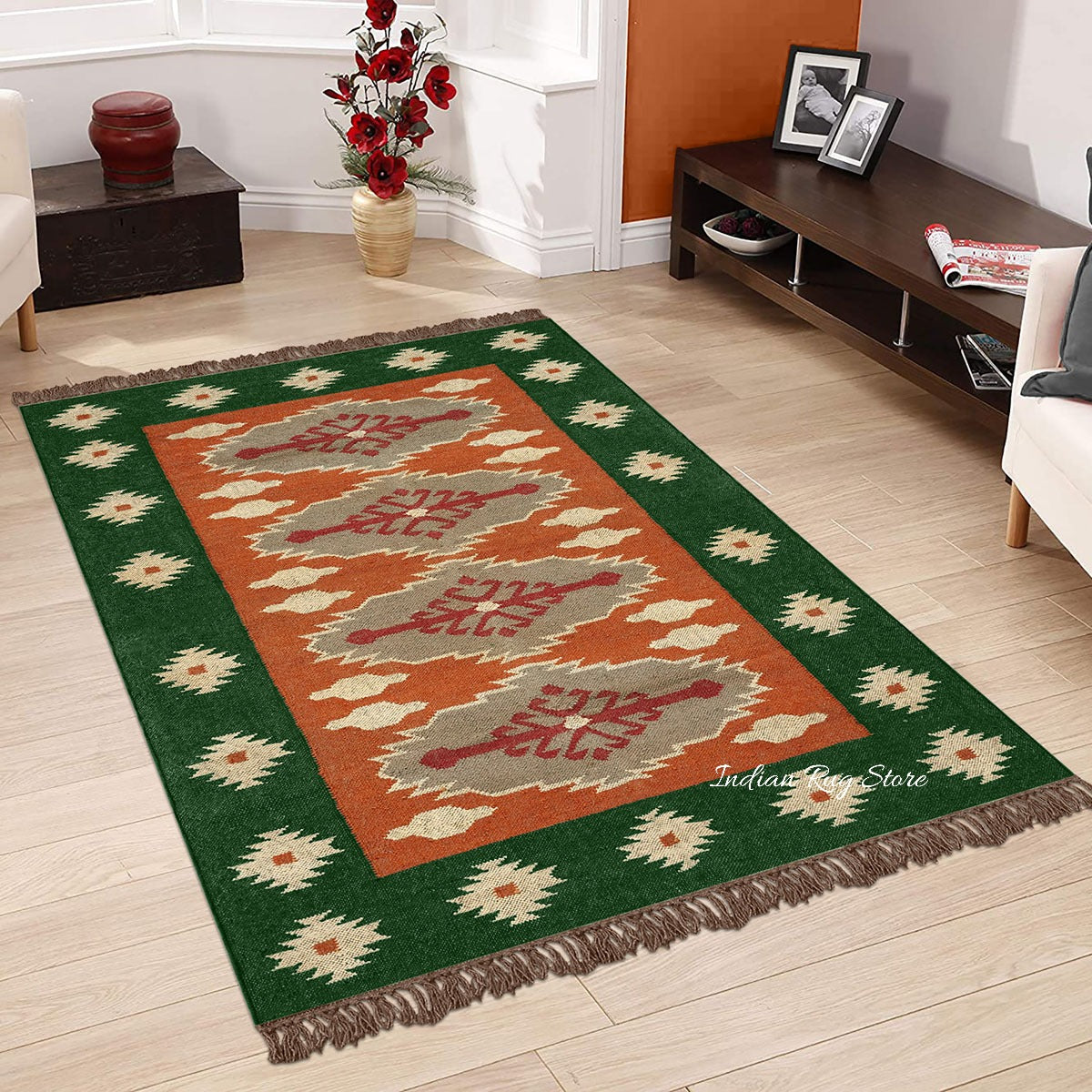 Green Brown Hand Woven Interior Geometric Wool Jute Rug