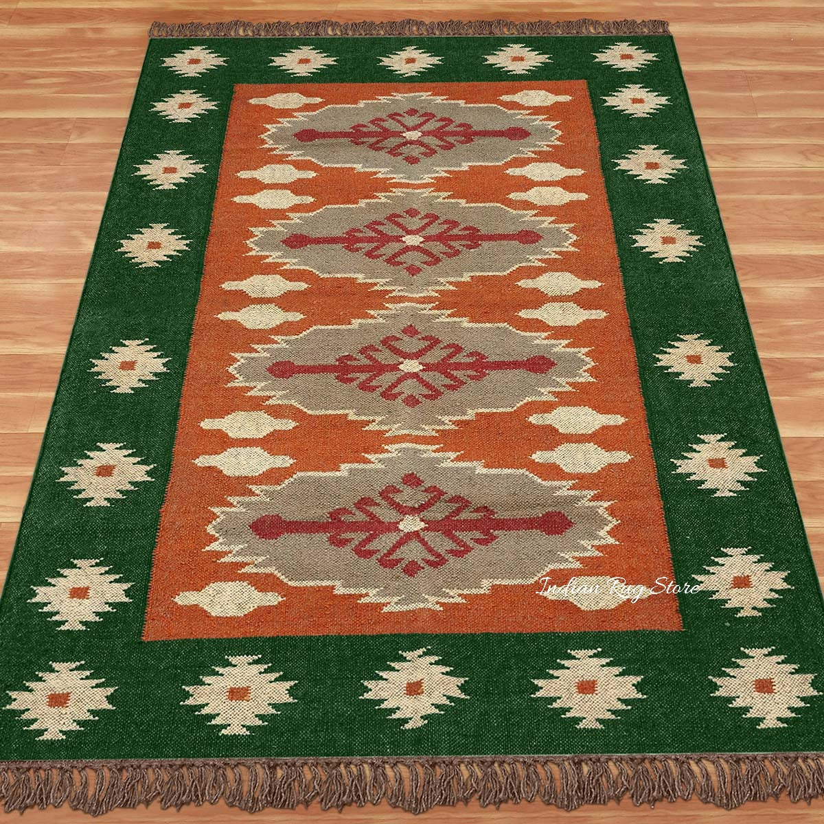 Green Brown Hand Woven Interior Geometric Wool Jute Rug