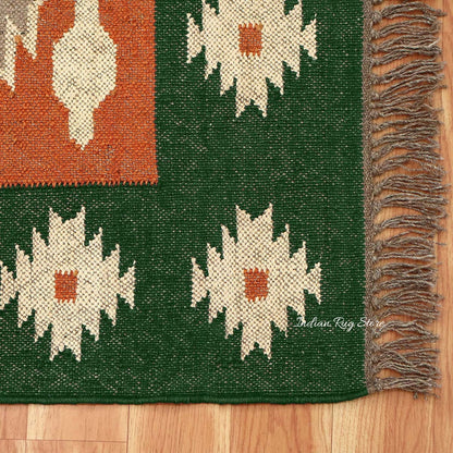 Green Brown Hand Woven Interior Geometric Wool Jute Rug