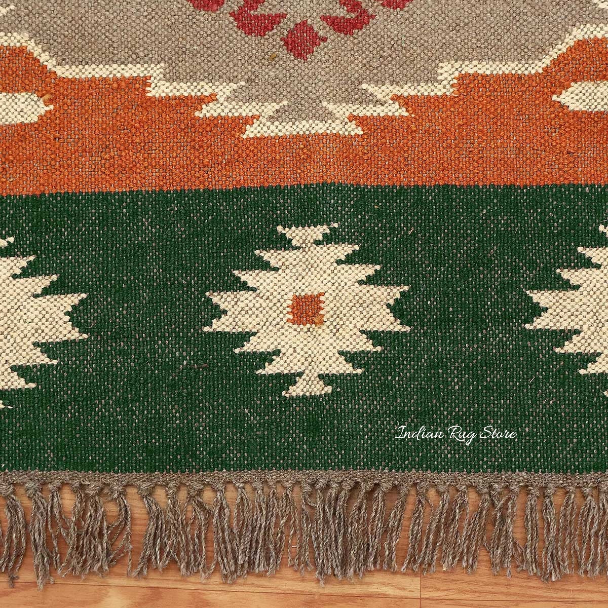 Green Brown Hand Woven Interior Geometric Wool Jute Rug