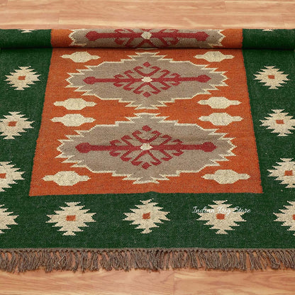 Green Brown Hand Woven Interior Geometric Wool Jute Rug