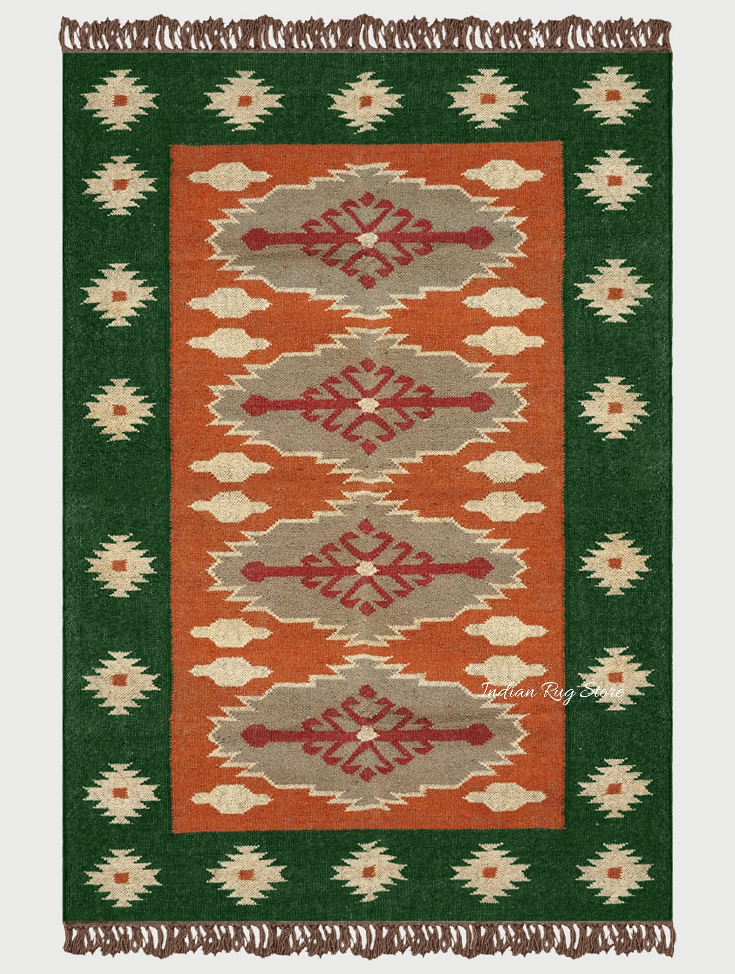 Green Brown Hand Woven Interior Geometric Wool Jute Rug