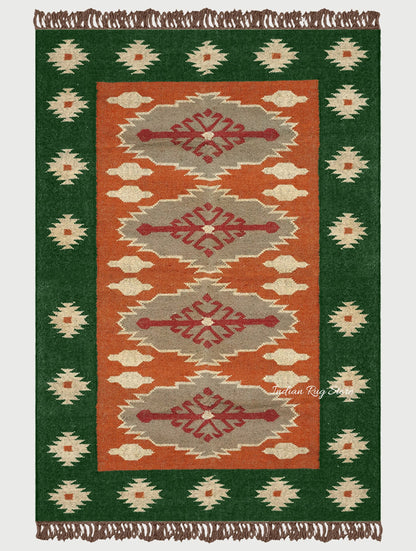 Green Brown Hand Woven Interior Geometric Wool Jute Rug