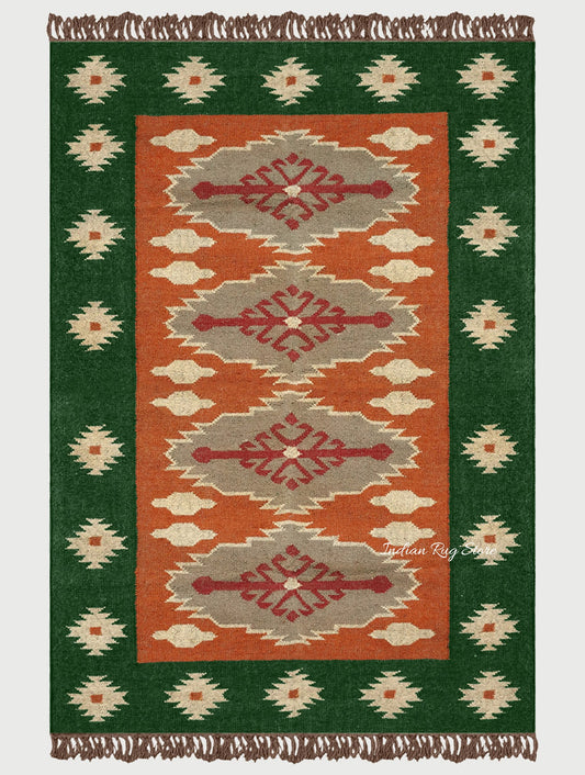 Green Brown Hand Woven Interior Geometric Wool Jute Rug