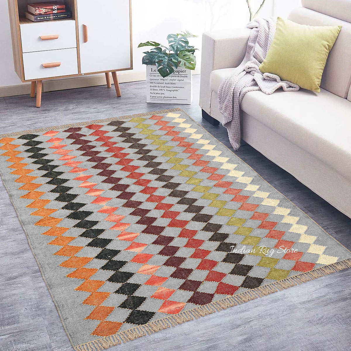 Geometric Rectangle Green Multicolor Hand Woven Farm House Decor Wool Jute Rug