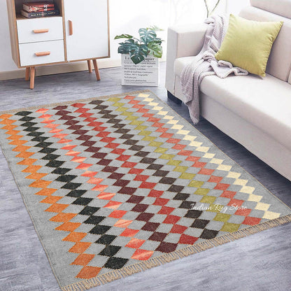 Geometric Rectangle Green Multicolor Hand Woven Farm House Decor Wool Jute Rug