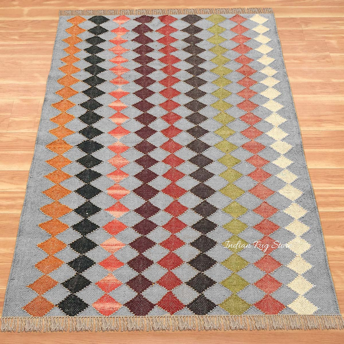 Geometric Rectangle Green Multicolor Hand Woven Farm House Decor Wool Jute Rug