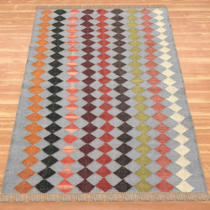 Geometric Rectangle Green Multicolor Hand Woven Farm House Decor Wool Jute Rug - Indian Rug Store