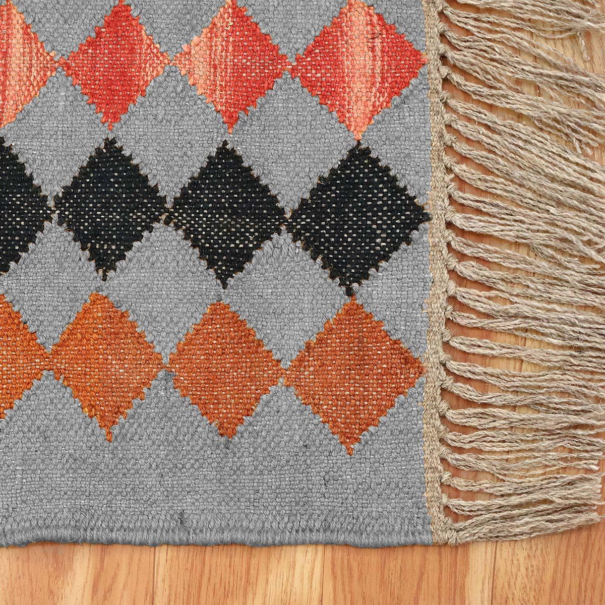 Geometric Rectangle Green Multicolor Hand Woven Farm House Decor Wool Jute Rug - Indian Rug Store