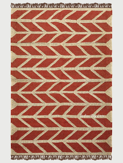 Hand Woven Geometric Red Bige Farm House Decor Wool Jute Rug