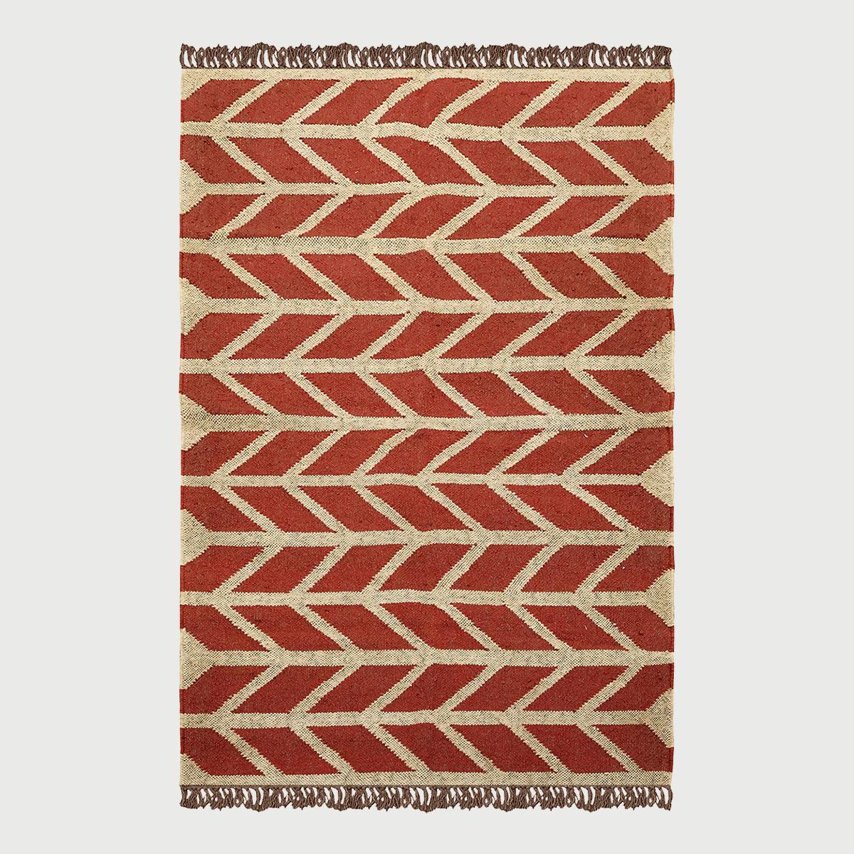 Hand Woven Geometric Red Bige Farm House Decor Wool Jute Rug - Indian Rug Store