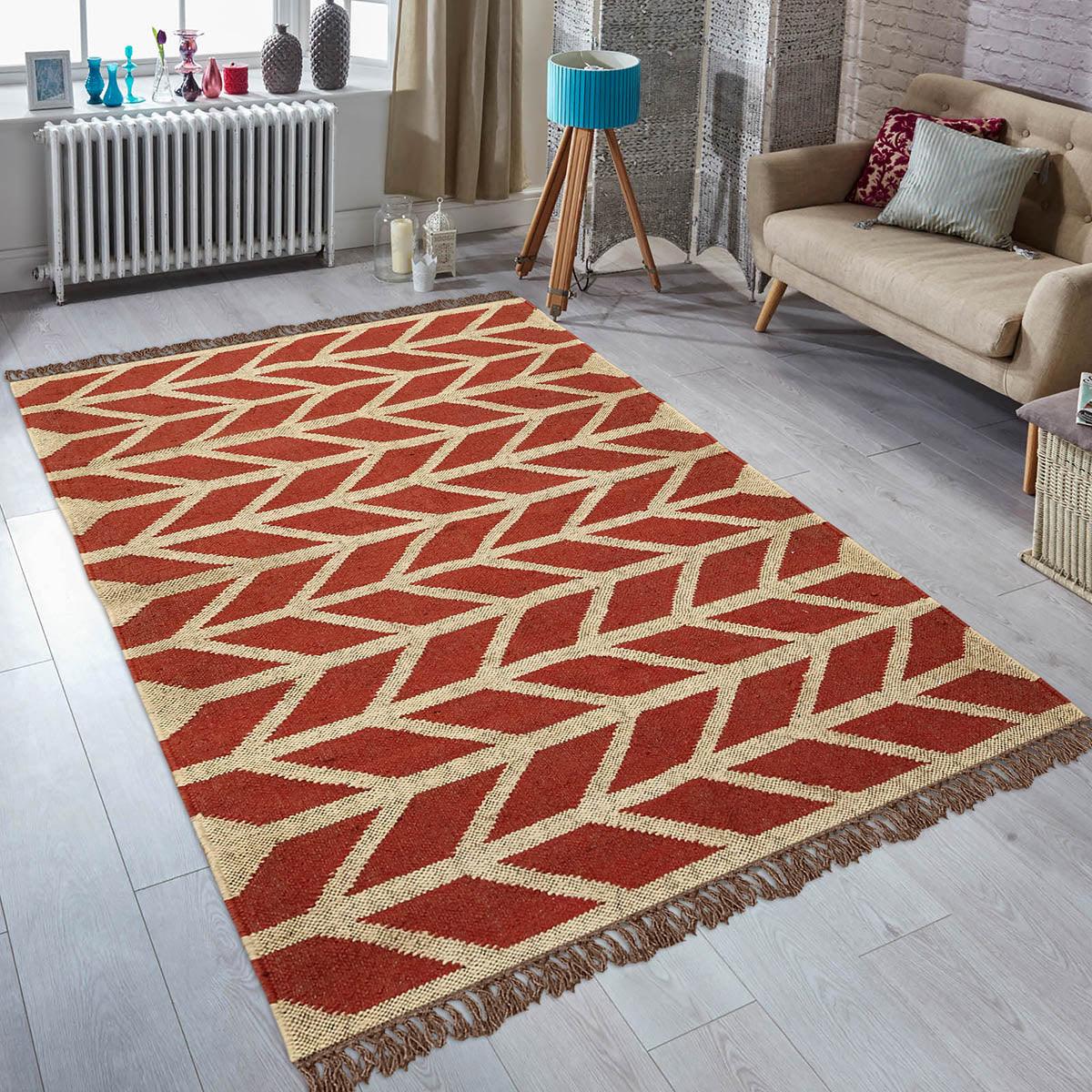 Hand Woven Geometric Red Bige Farm House Decor Wool Jute Rug - Indian Rug Store