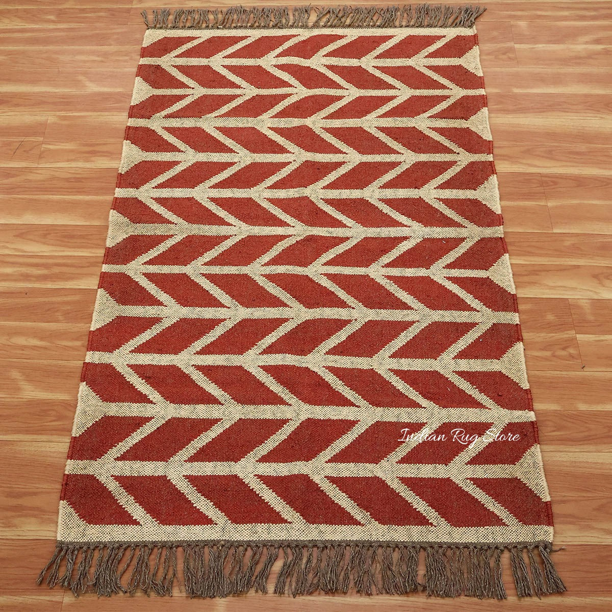 Hand Woven Geometric Red Bige Farm House Decor Wool Jute Rug