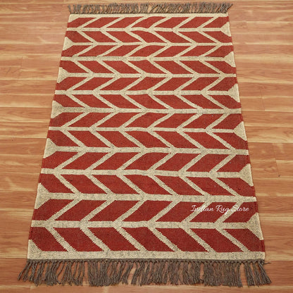 Hand Woven Geometric Red Bige Farm House Decor Wool Jute Rug