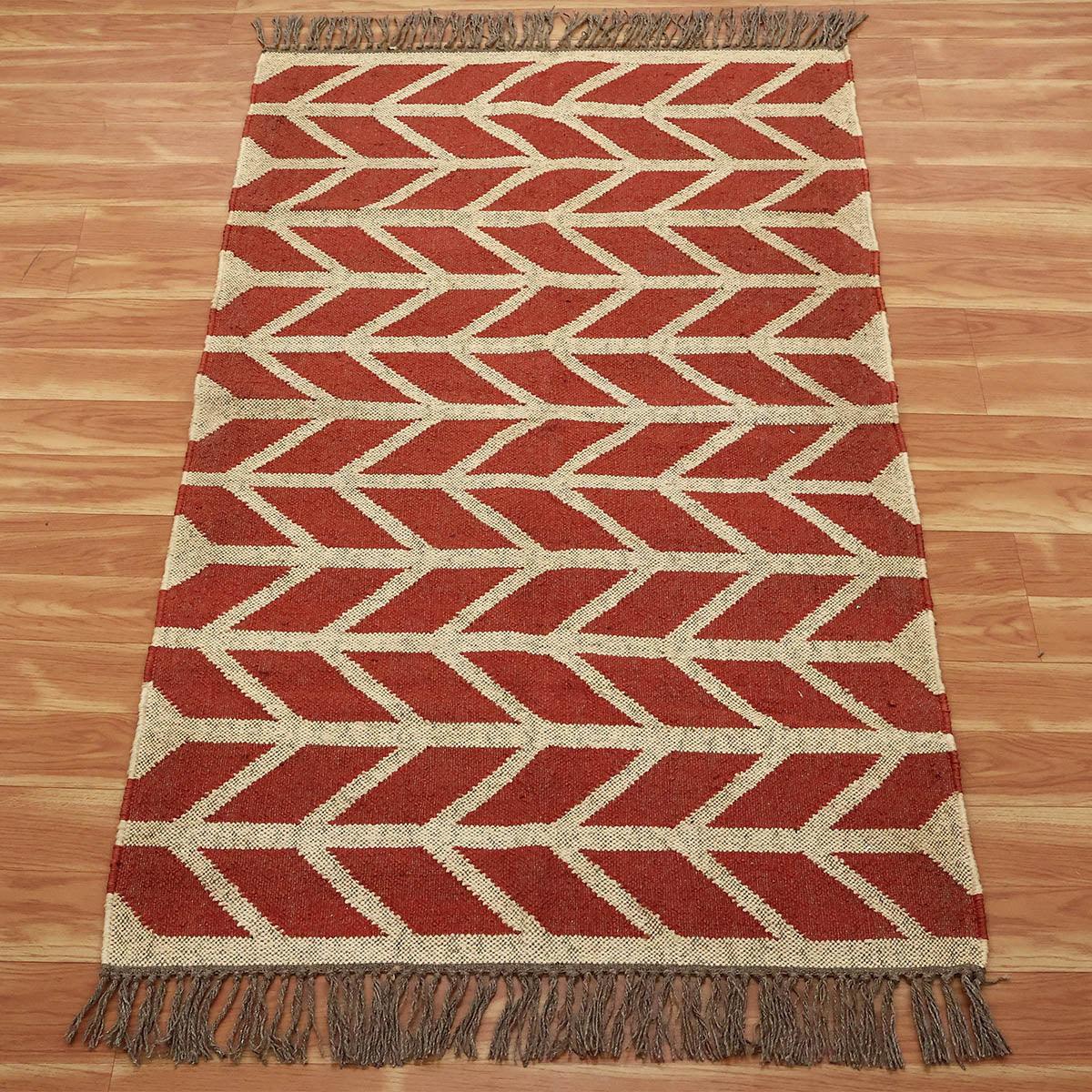 Hand Woven Geometric Red Bige Farm House Decor Wool Jute Rug - Indian Rug Store