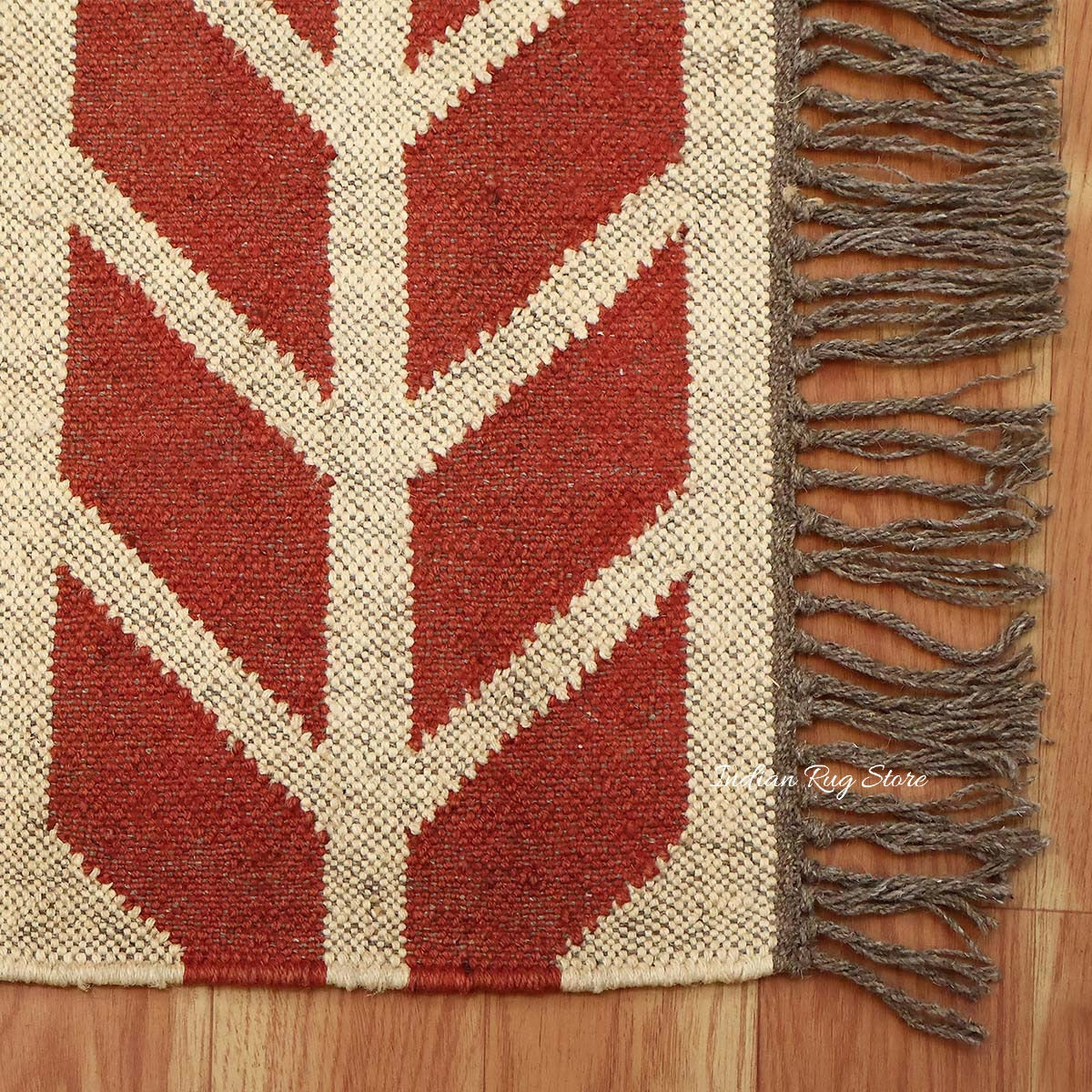 Hand Woven Geometric Red Bige Farm House Decor Wool Jute Rug