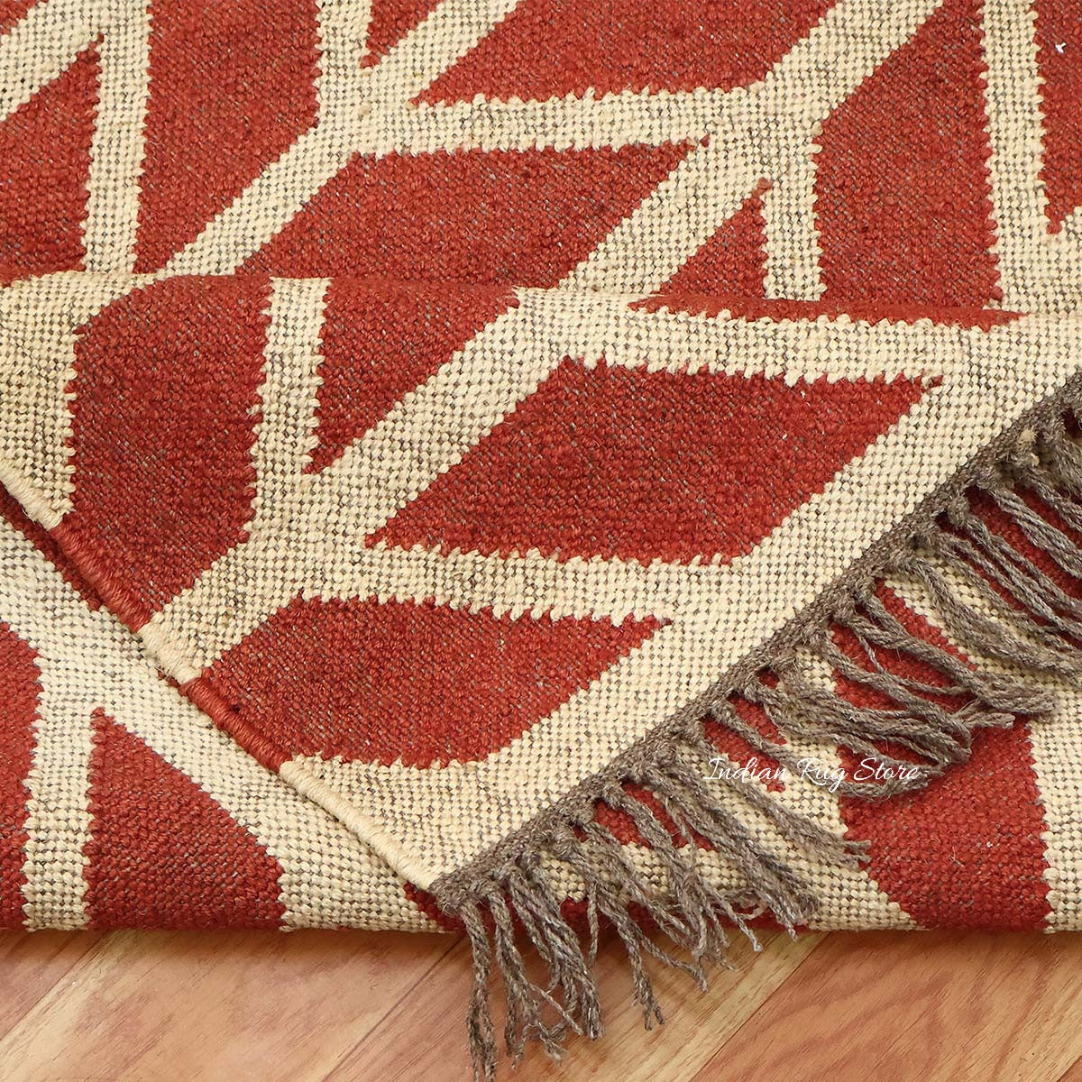 Hand Woven Geometric Red Bige Farm House Decor Wool Jute Rug