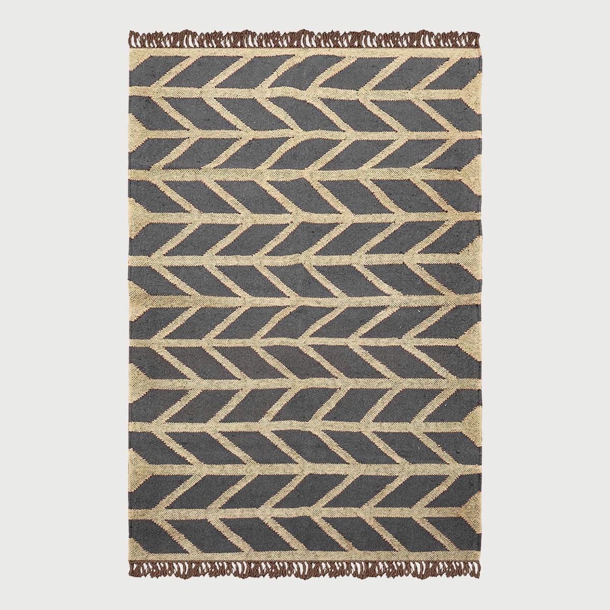 Geometric Hand Woven Dark Gray Beige Interior Decor Wool Jute Rug - Indian Rug Store