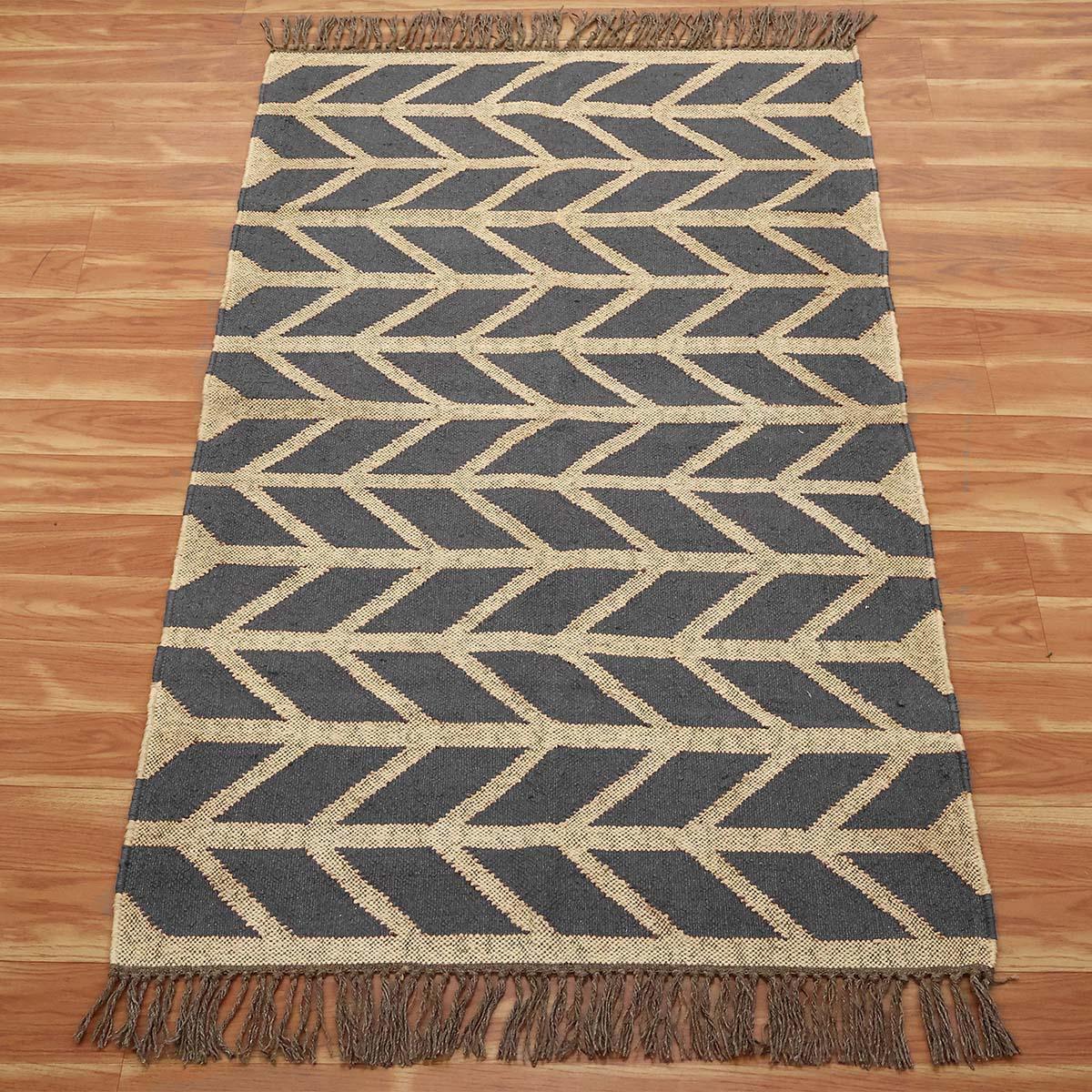 Geometric Hand Woven Dark Gray Beige Interior Decor Wool Jute Rug - Indian Rug Store