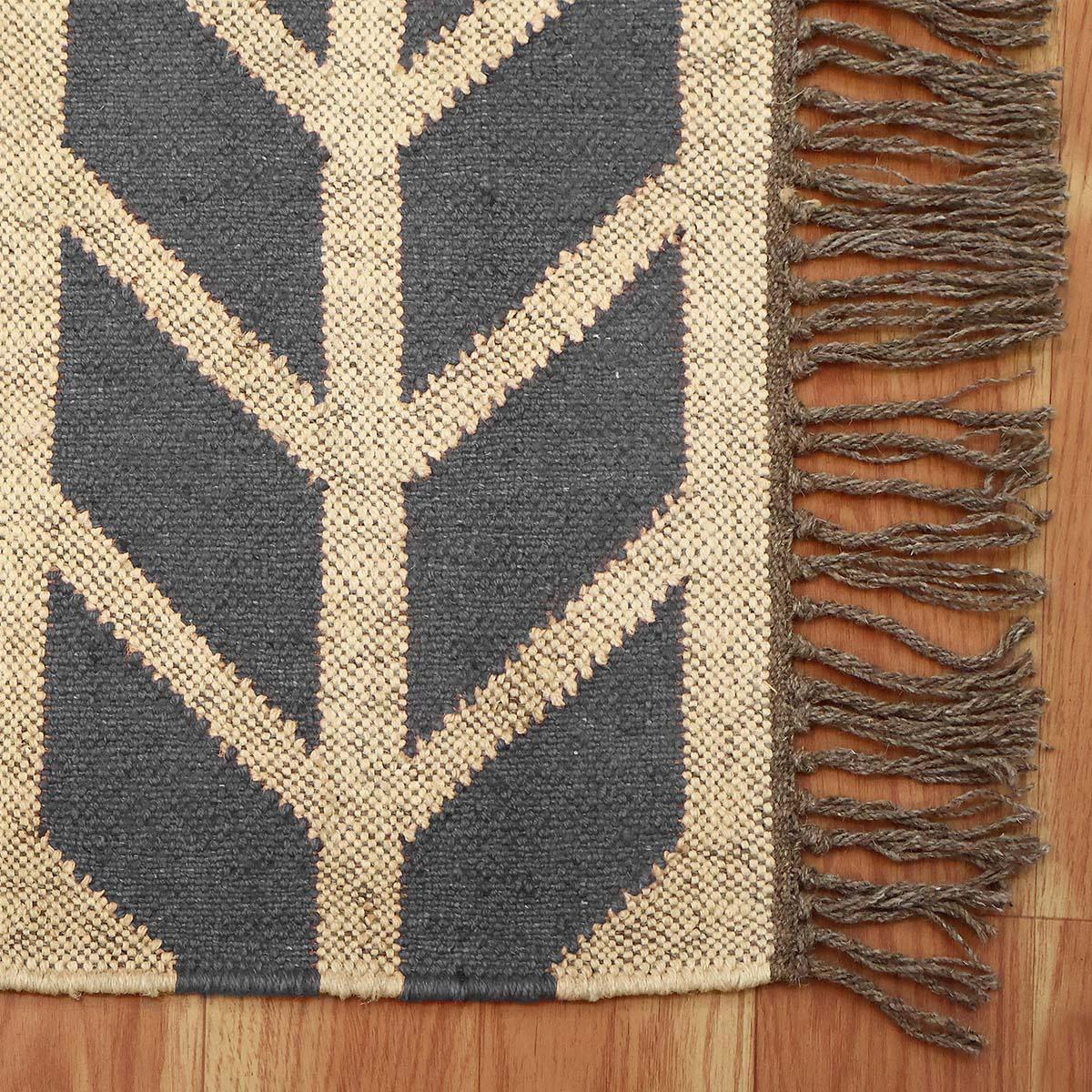 Geometric Hand Woven Dark Gray Beige Interior Decor Wool Jute Rug - Indian Rug Store