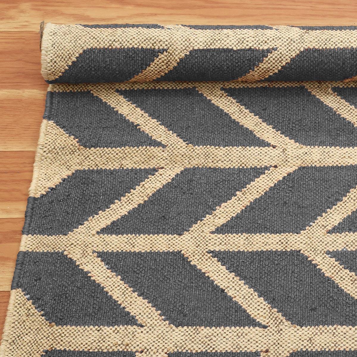 Geometric Hand Woven Dark Gray Beige Interior Decor Wool Jute Rug - Indian Rug Store