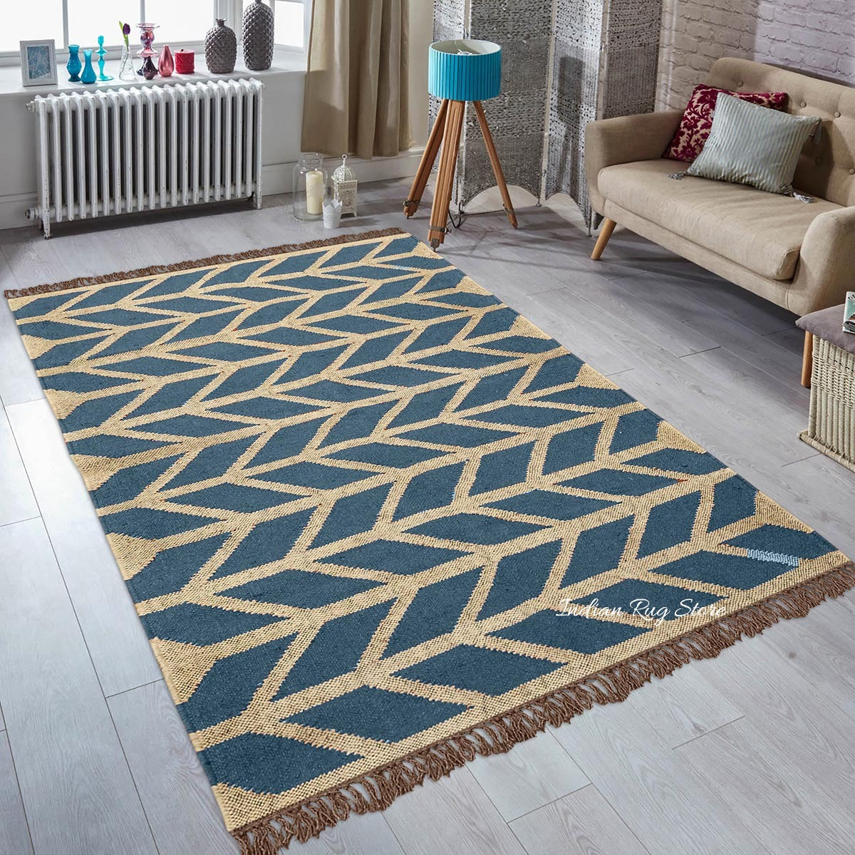 Tappeto in juta di lana con decorazione geometrica per esterni, tessuto a mano, beige, grigio e blu