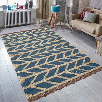 Tappeto in juta di lana con decorazione geometrica per esterni, tessuto a mano, beige, grigio e blu