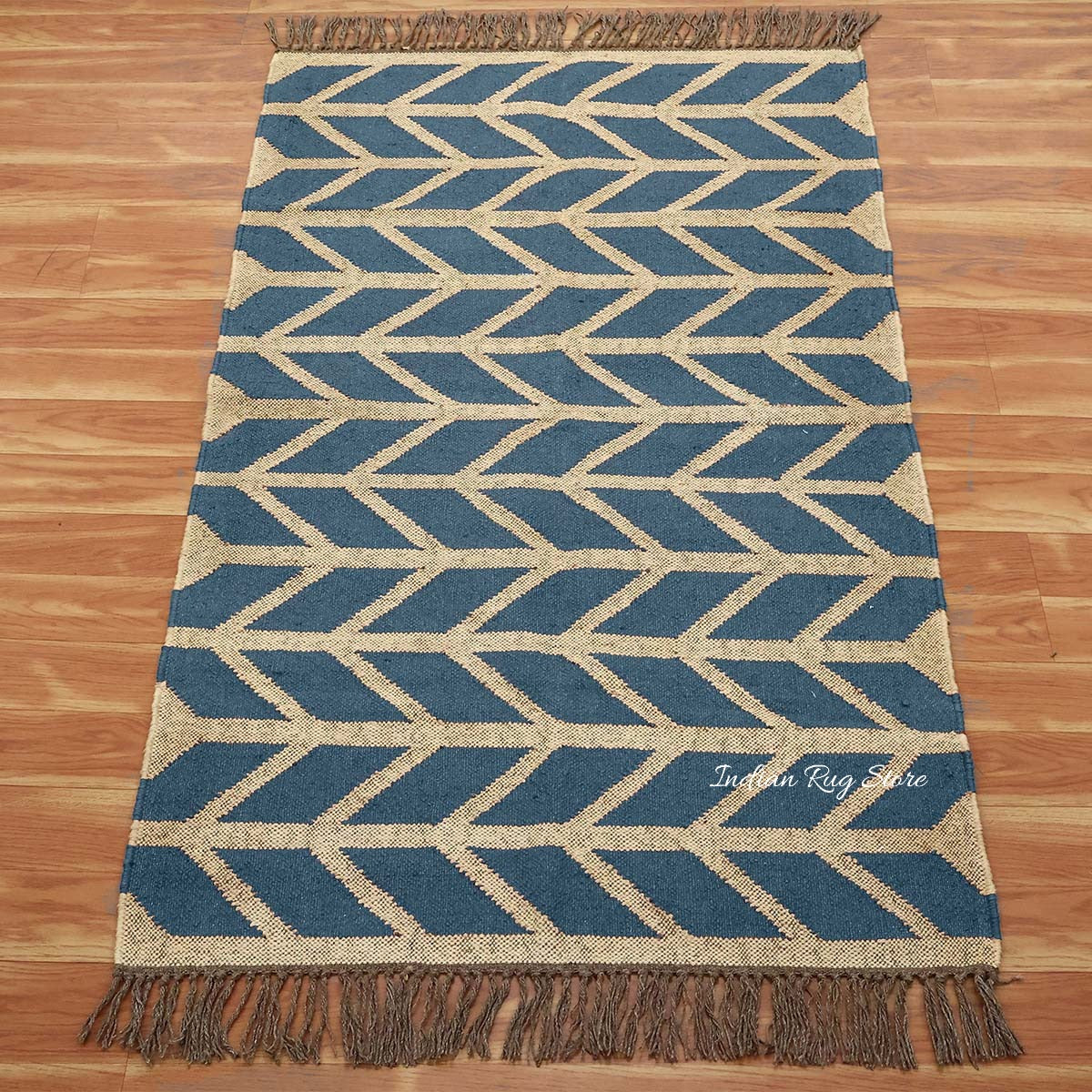 Beige Grayish Blue Hand Woven Geometric Out Door Decor Wool Jute Rug