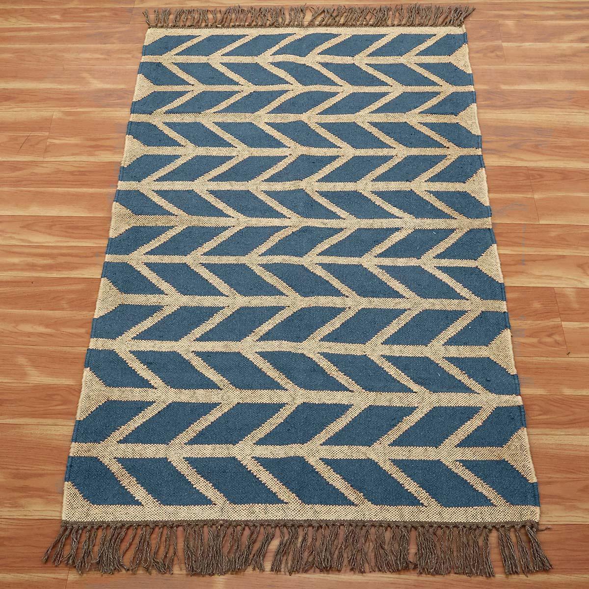 Beige Grayish Blue Hand Woven Geometric Out Door Decor Wool Jute Rug - Indian Rug Store