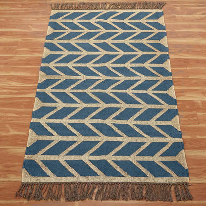 Beige Grayish Blue Hand Woven Geometric Out Door Decor Wool Jute Rug - Indian Rug Store