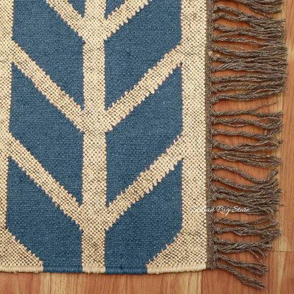 Beige Grayish Blue Hand Woven Geometric Out Door Decor Wool Jute Rug