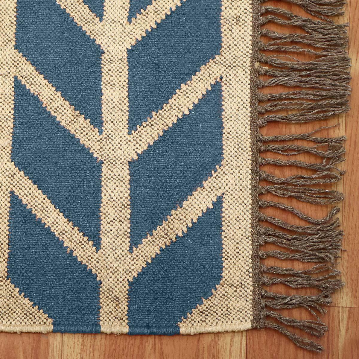 Beige Grayish Blue Hand Woven Geometric Out Door Decor Wool Jute Rug - Indian Rug Store